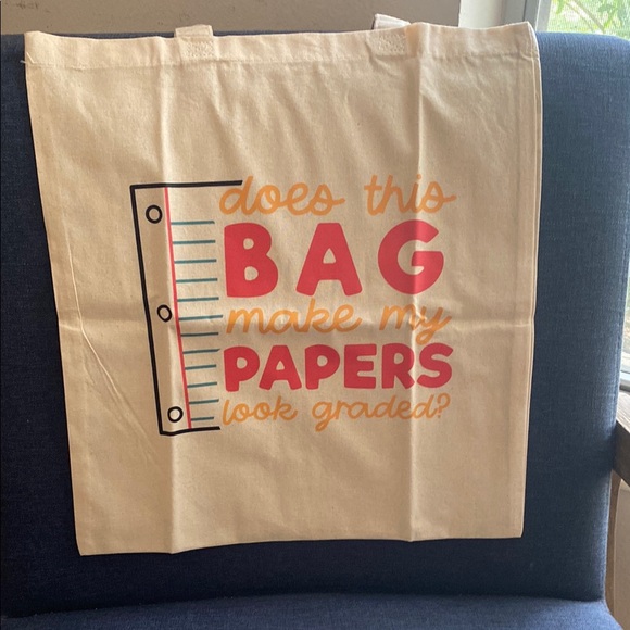 Beige Canvas Teacher Tote Bag with Fun Print - Picture 1 of 3